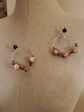 Handcrafted Wooden Bead Hoop Earrings in Natural and Gray